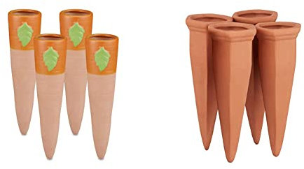 Relaxdays Tonspitzen Bewässerung, 4er Set & Tonkegel Bewässerung 4er Set, Pflanzen Wasserspender Ton, Wein und PET Flaschen Bewässerungskegel, Terracotta