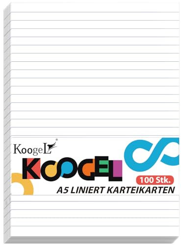Koogel 100 Stück Linierte Karteikarten, Weiß Karteikarten 14,8 x 21 cm Notizkarten Lernkarten Schule Lernen Büro Spielkarten