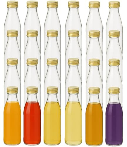gouveo Set med 24 retro glasflaskor (0,33 l) med gyllene PP-28-skruvlock, runda flaskor med smal hals för juice, sirap, olja, vinäger och sprit (SFR330G)