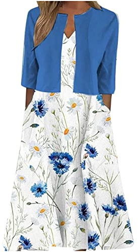 Keepink Two Piece Dress Suits for Women UK Printed V-Neck Sun Dresses with Half Sleeve Cardigan Tops Set Elegant Summer Outfits Work Office Wedding Guest Bridesmaid Dresses UK 8-16