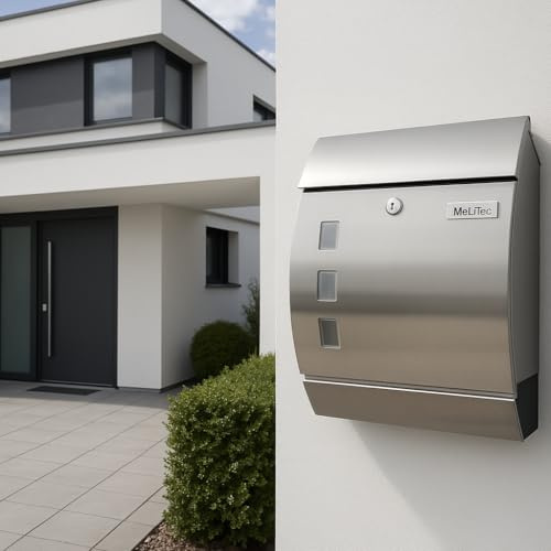 MeLiTec Edelstahl Briefkasten Modell P mit Zeitungsfach und Namensschild, matt