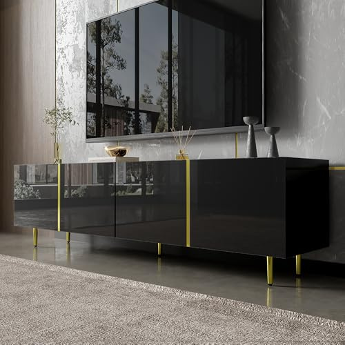 KecDuey Meuble TV haute brillance, meuble TV, meuble TV bas avec quatre portes, moderne et simple (noir, 170 x 35 x 46 cm)