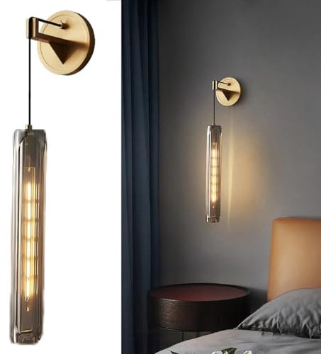AstrizLamp Hängende Wandleuchte Innen Wandlampe Kristall Glas Zylinder Lang Wandleuchte Gold Modern Badlampe Messing Höhenverstellbar für Schlafzimmer Nachttisch Wohnzimmer Flur Gris Lampenschirm
