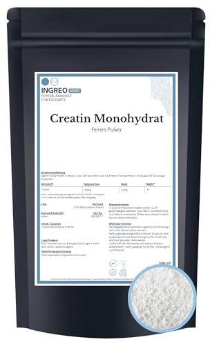 1 kg | Creatin Monohydrat Pulver | Mesh 200 mikronisiert | reines Kreatin | vegan | Supplement Rohstoff | Muskelaufbau Training | INGREO PRO