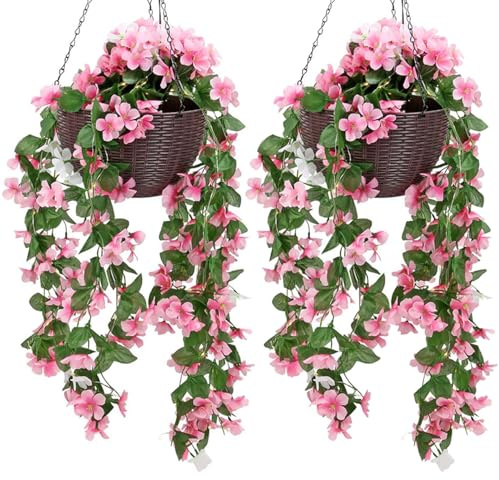 Taylor & Brown Set of 2 Solar Powered Artificial Floral Outdoor Hanging Basket With 80 LED's Brown Rattan Effect Planter for Patio Lawn Garden Landscape Décor with Chain