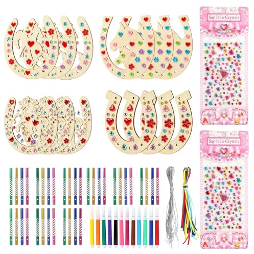 Juego de manualidades con diseño de herradura – 12 moldes de herradura de madera + 36 campanas de viento + 12 lápices de pintura de colores, material creativo para fiestas y decoración de habitaciones