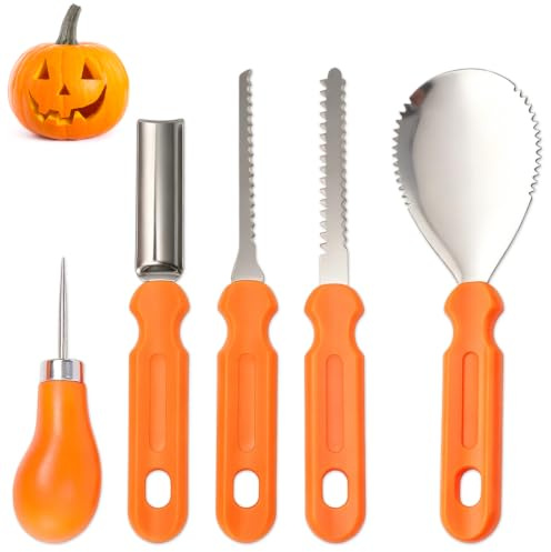 iwobi Halloween Kürbis Schnitzset, 5 Stück Edelstahl Schnitz Werkzeuge für Halloween Kürbis Dekoration