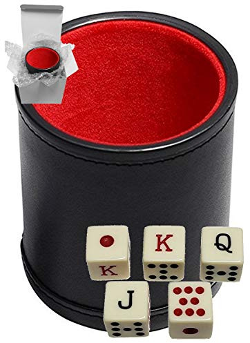 Set of 16mm Poker Dice Squared Corners and Black PU Leather Dice Cup Plush Velvet Lined - Gift Boxed (Spanish Poker (Ivory), Black/Red Cup)