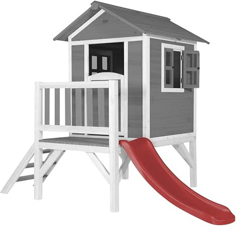 AXI Beach Lodge XL Casetta per giochi grigia con scivolo rosso | Casa per bambini su palafitte con veranda in legno FSC | Piccole attrezzature da gioco per il giardino.