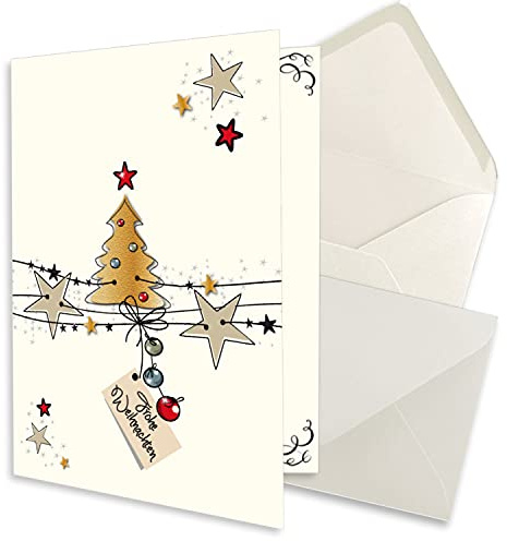 25x kleines Weihnachtskarten-Set DIN A7 in Weiß mit Weihnachtsbaum und Sternen - Faltkarten mit passenden Umschlägen DIN C7 Naturweiß mit Nassklebung - Weihnachtsgrüße für Firmen und Privat