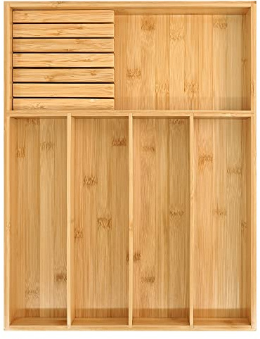 VaeFae Bamboo Silverware Organizer（32x43cm）,Utensil Holder for Drawer, Wooden Cutlery Tray with Divider for Kitchen, Flatware Storage