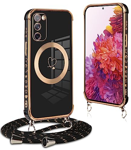 Pnakqil handyband für Samsung Galaxy S20 FE 5G Hülle mit Band, Kompatibel mit MagSafe, Handyhülle Ultra Dünn Silikon Magnetisch mit Herz Love Muster Schutzhülle mit um Umhängen Kordel, Schwarz