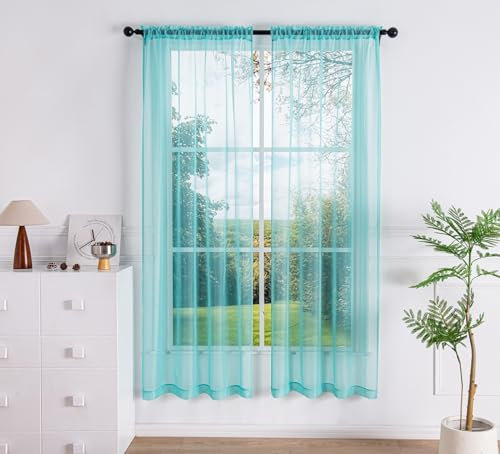 PI Sheer Curtains 84 Inches Long,Window Treatment Rod Pocket Light Filter Soft Airy Voile for Living Room/Bedroom/Patio Door/Sliding Door 2 Panels (W42XL84,Lake Blue)