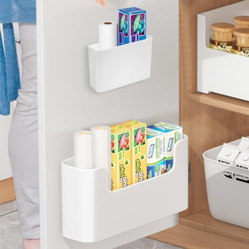 HEKOBAG 2 Pack Self-Adhesive Wall Mounted Storage Box for Kitchen Cabinet Door - Wrap Organizer Container for Small Items (White)