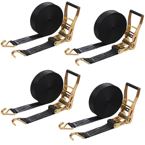 4PACK Ratchet Straps Heavy Duty, 8000 LBS Break Strength Ratchet Strap Tie Down, 2” x 27ft Black Tie-Down Ratcheting Cargo Truck Straps with Durable Double J Hook for for Truck (Black, 2IN X 27FT)