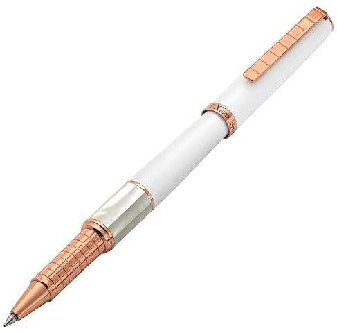 Xezo Speed Master Fine Rollerball Pen. Mattes Weiß mit weißem Perlmutt. Rose vergoldet. Leichter Messingkörper. Serialisiert. Jedes Unikat