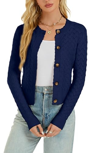 Boléro Femme Cardigan Court Évidée Gilet Veste Tricot Bouton Manches Longues pour Robe T Shirt Bretelle Chic Elégante Soirée Fête Décontracté Rétro Bleu Marine M