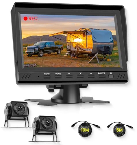 Hodozzy Rückfahrkamera Set mit 7 Zoll HD Monitor, 1080P 2 * Kameras Wasserdichtes Super Nachtsicht, Rückfahrkamera Kabel mit Loop-Aufnahme, Geteilte Bildschirmanzeige, Spiegelungsumkehr für 12V-36V