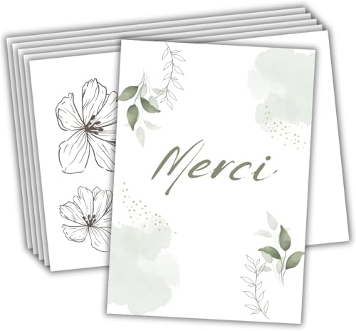 roxisha - Lot de 10 Cartes Merci + Enveloppes imprimées | Design FLoral | Carte Postale 10,4 x 14,8 cm | Cartons de Remerciements Mariage, Naissance, Anniversaire, Baptême, Fête, Communion, Retraite
