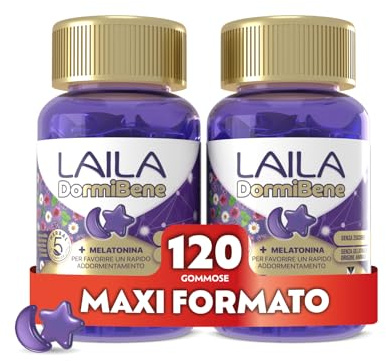 Laila DormiBene Integratore alimentare per il sonno a base di Herbal 5 Complex e Melatonina per favorire un rapido addormentamento. Confezione da 120 pastiglie gommose. Senza zuccheri