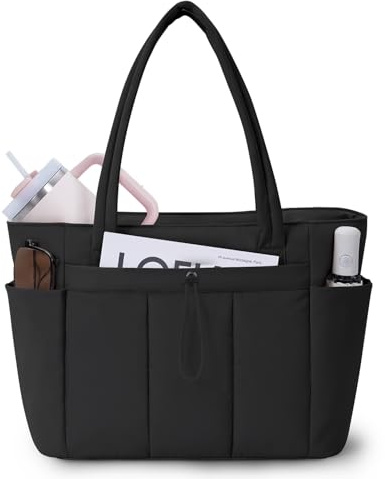 Wandering Nature Tote Bag for Women with Zip Large Capacity Shoulder Handbag with 15.6 Inch Laptop Compartment and 40oz Water Bottle Pocket for Work School Travel, Black (Patent Pending)