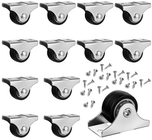 12 Pcs Fixed Caster Wheels, 1 Inch Small Caster Wheels, Metal Top TPE Rubber Low Profile Small Casters Wheel for Furniture Rolling Cabinet Trundle Bed Drawer with Screws