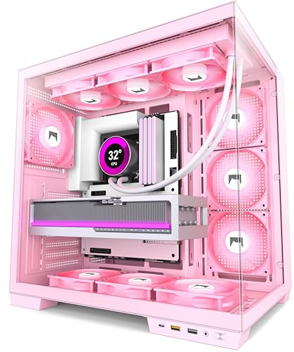 HYXN H1 HYXN ATX PC Case - Pre-Installed with 7 PWM ARGB Fans - Dual Cavity Mid-Tower PC Gaming Case - with Type-C - Can Hold up to 3X 360mm Radiator Support simultaneously (Pink, H1)