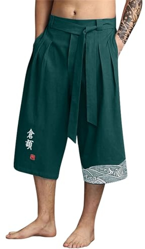 2025 Pantalon Japonais Homme 3/4 Baggy Pantalon Court Taro pour Hommes en Lin Vêtements Asiatiques Kimonos Traditionnels Japonais avec Cordon de Serrage Pantacourt DéContracté Ample Style Japonai