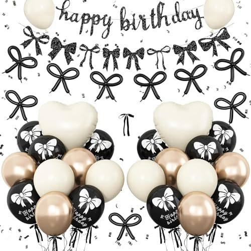DazzJoy Halsband, ballonger, födelsedag, krämvit, svart, set med Happy Birthday-girlang, rosett, heliumballonger, födelsedagsdekoration, rosetter, ballong för barnfödelsedag, dekoration flicka, kvinna