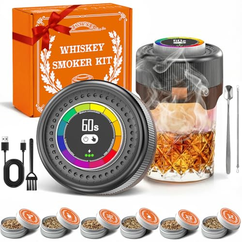 Electric Whiskey Smoker Kit with Adjustable Smoke Control (0–60s), Cocktail Smoker Kit with 6 Wood Chips, No Butane Needed, Old Fashioned Smoker Kit, Bourbon Gifts for Men, Wood Grain