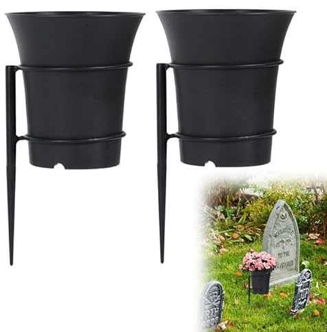 Large Metal Cemetery Vases Flower Holder with Spikes Memorial vases for Grave Vase Decorations for Cemetery Vase Flower Holder for Memorial Grave Lawn Yard Funeral Decor with Freely DIY, 5.4''Diameter