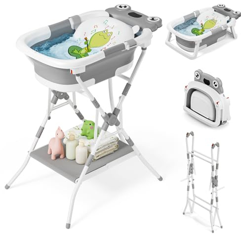 COOSEYA 3 in 1 Faltbare Babybadewanne mit Ständer, Babybadewanne für Neugeborene bis Kleinkind mit Unterstützung, weiches Kissen, faltbares Design für Reisen und Outdoor, Babyparty-Geschenke, 0-18