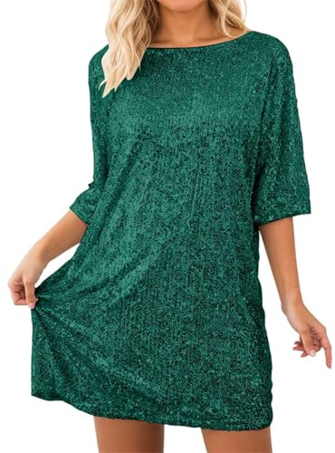 Pailletten Kleid Damen Paillettenkleid Silber Glitzer T-Shirt Kleider Sparkle Minikleid Kurzarm Lockerer Schnitt Elegant Partykleid Silvester Kleid Damen Glitzer für Karneval Disco Clubwea