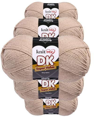 Knit Me Lana DK 5 Ovillos x 100g – Hilo 100% Acrílico para Tejer y Ganchillo, Aguja 3,75-4,5 mm, Ganchillo 4,5-5,5 mm, 1500m, suave, lavable, gorro manta amigurumi bebé, Beige avena