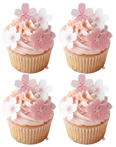 60pcs Edible Cherry Blossoms Cupcake Toppers Wafer Paper Cake Flowers | 3D Edible Flowers for Cake Decorating, Ideal for Birthday, Wedding and Baby Shower Food Decoration Supplies