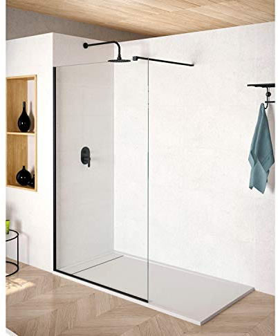 Mampara de Ducha FIJA FRONTAL NEGRA Málaga – Panel Pantalla Fijo TRANSPARENTE – 200cm Altura - Cristal Templado antical y 8mm de espesor Varias Medidas Disponibles – Negro, 110 cm (1 fijo)