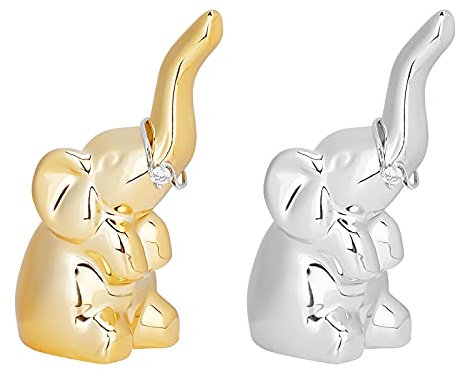 FINGERINSPIRE Silber Gold Elefant Ringhalter 2 Stück 60x37x93mm Porzellan Elefant Ringständer Schmuck Display Halter Geschenke für Geburtstags Hochzeits Jahrestag