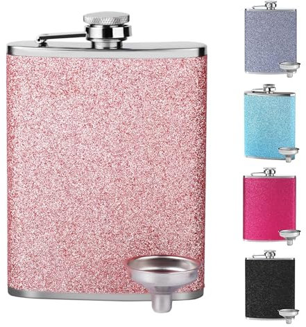 SLHOWOW Flachmann mit Glitzer, Edelstahl-Flachmann für Damen, Whiskey-Alkohol-Flachmann mit Trichter, tragbarer Flachmann zum Wandern, Klettern, Angeln, Camping, 8 oz/240 ml, Pink