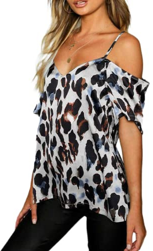 Estampado de Leopardo Correa de Espagueti Tops Casuales Verano Casual Escote en V Sexy Elegante Top de Fiesta Elegante Sin Tirantes Estampado de Leopardo Manga Corta Tirantes de Espagueti