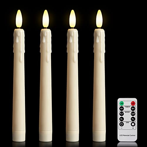 yunsheng 4 stycken LED-stavljus med fjärrkontroll och timer, batteridrivna flimmer, dimbara, varma vita flamlösa spetsljus, fönsterljus med droppvaxutseende, 3D-vektljus, juldekoration