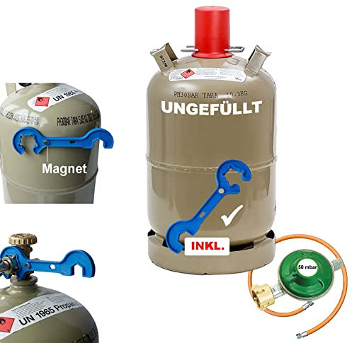 Bluecraft Camping Propan-Gasflasche, 11 kg Neu, leer, grau inkl. Gasschlauch 150 cm, Campingregler 50mbar und Gasreglerlöser mit Magnet + Schlüssel 17mm für Überwurfmutter 1/4