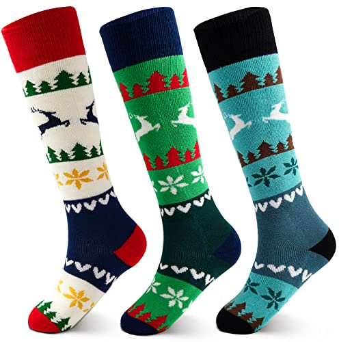 Calzini da sci per ragazzi Calzini caldi invernali per bambini Calzini lunghi calzini termici accoglienti per ragazzi Confezione multipla 3 paia, Mix Xmas 9220, 10-13 anni