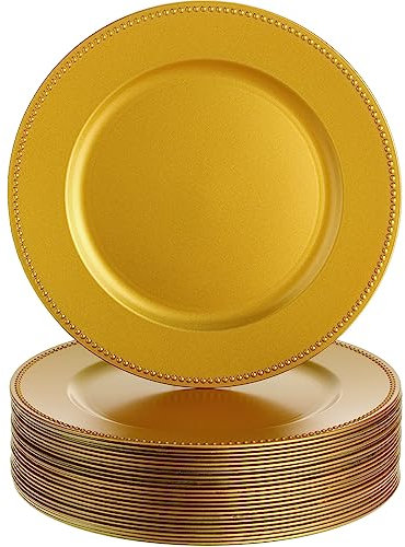 Dandat 50 Pack 13 Inch Charger Plates Plastic Round Dinner Plate with Beaded Rim Reusable Charger Service Plates Reliable Dinner Chargers for Wedding Party Dinner Table Decoration (Gold)