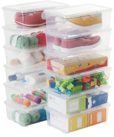 OMNISAFE Stackable Plastic Storage Shoebox, BPA-Free Nestable Container with Latching Lid to Organize Shoes, See-Through Box for Home and Office, Multi-Purpose Clear Bins (12 Pack 6 Quart)