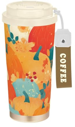 FRODOTGV Taza de café gigante de viaje con diseño de calabazas amarillas y rojas con tapas, taza aislada de acero inoxidable para bebidas frías y calientes, 481.9 g, a prueba de fugas