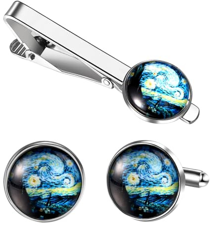 Star Galaxy Sunflower Cufflinks and Tie Clip: Mens Womens Tuxedo Shirt Cuff Links and Cool Tie Clip Shirt Accessories for Business Christmas Birthday