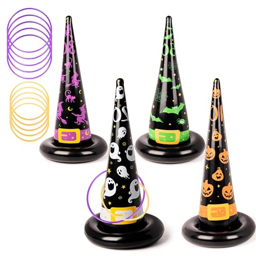 Inflatable Witch Hat Ring Toss Game Set - 4 Pack Halloween Party Toys with 10 Rings for Kids & Adults, Family Fun Carnival Game Indoor Outdoor Halloween 2025