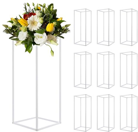 GSHIOIO 10Pcs Centerpieces Vases, 23.6inch High Metal Vase Wedding Flower Stand for Tables Column Geometric Centerpiece Stands Floral Display Holder for Event Party Home Decorations (White)