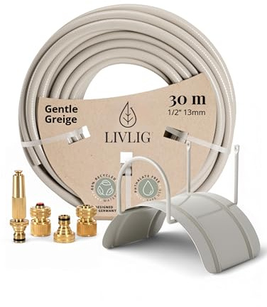 Tuyau d'arrosage 30 m - Tuyau d'arrosage flexible de qualité supérieure avec support de tuyau et seringue de jardin en laiton - Tuyau d'arrosage avec raccord de tuyau 1/2 - Kit d'arrosage en greige