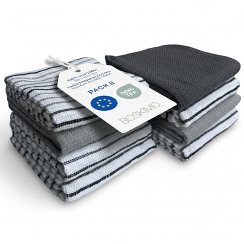 BOSKIMO Paños de Cocina de Algodón con Rizo – Pack de 8 Trapos Cocina Premium Absorbentes y Reutilizables 45x65 cm Aura Silver